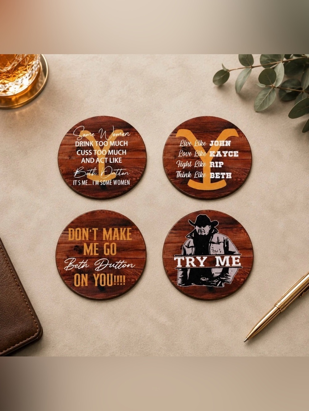 NWT Yellowstone Inspired Neoprene Coaster Set | Rustic Western Drink Coasters